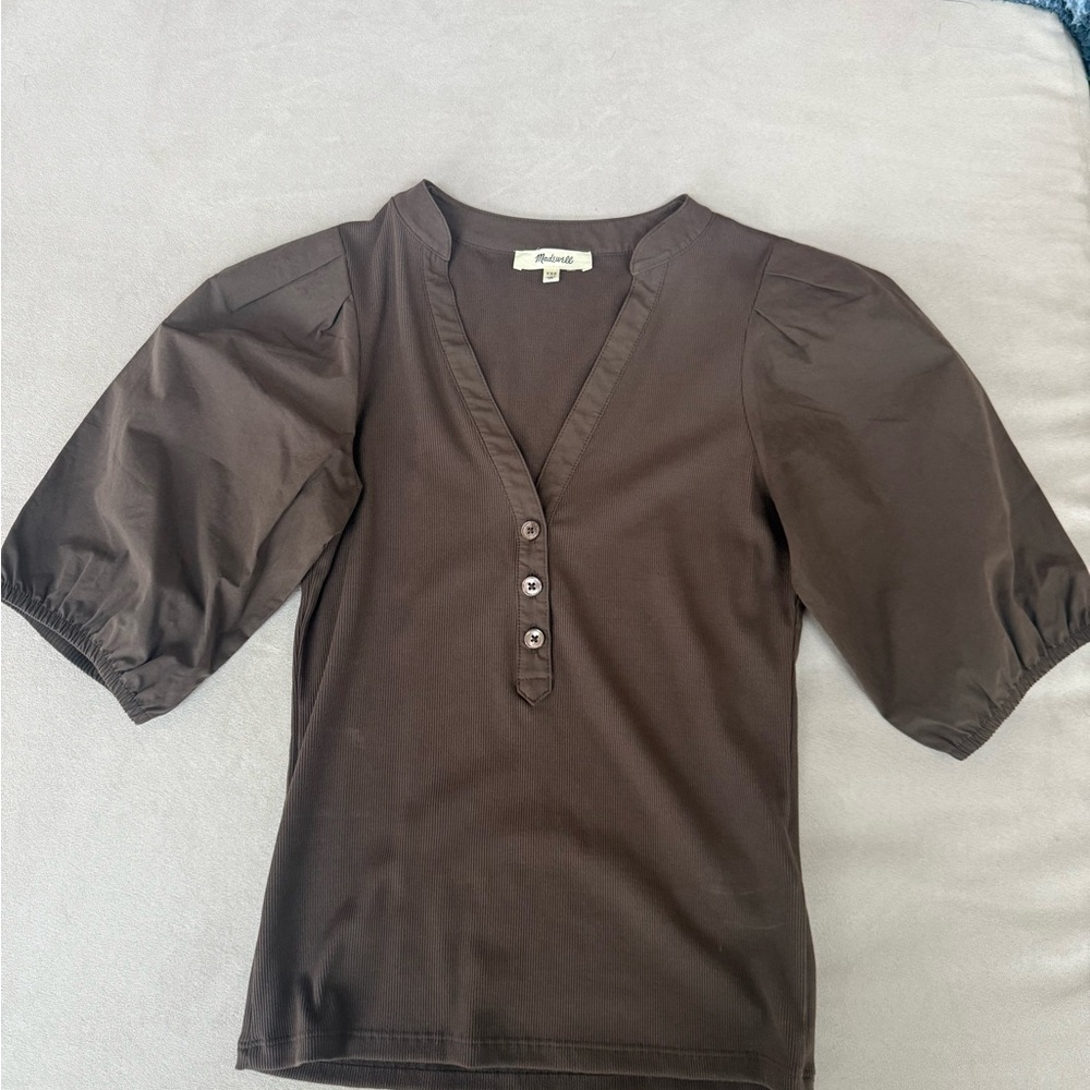 Madewell Brown Puff-Sleeve V-Neck Henley Top